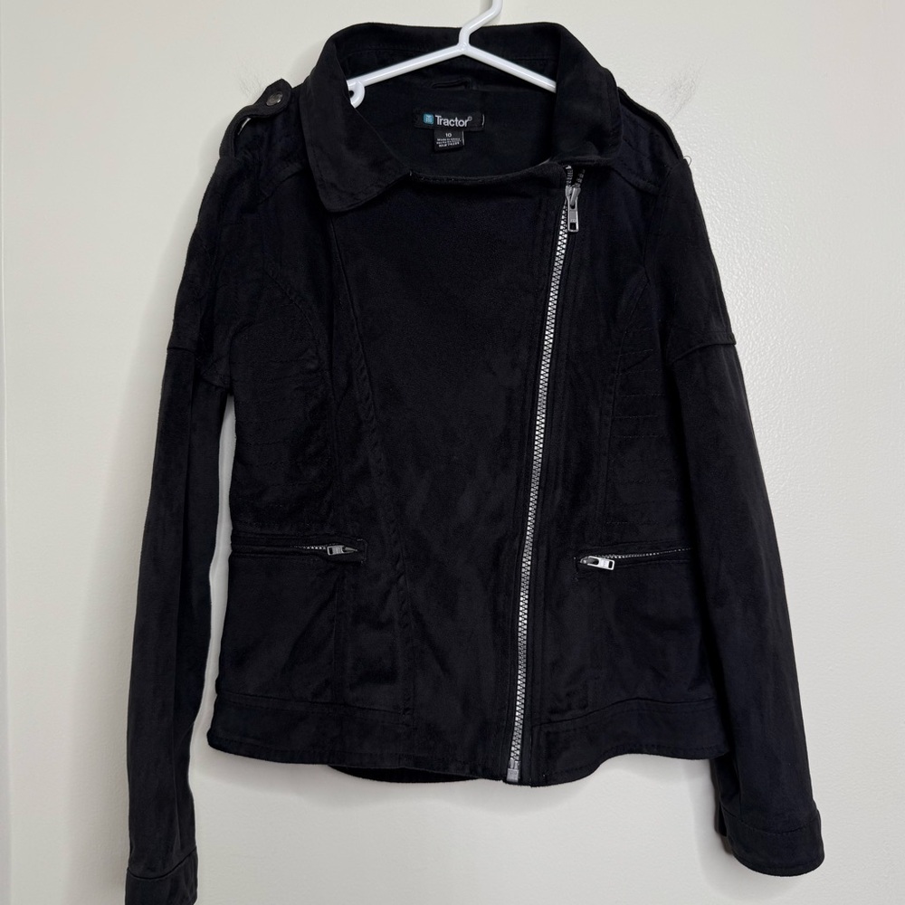 Tractor Black Faux Suede Moto Style Jacket Kids Size 10 Asymmetric Zipper